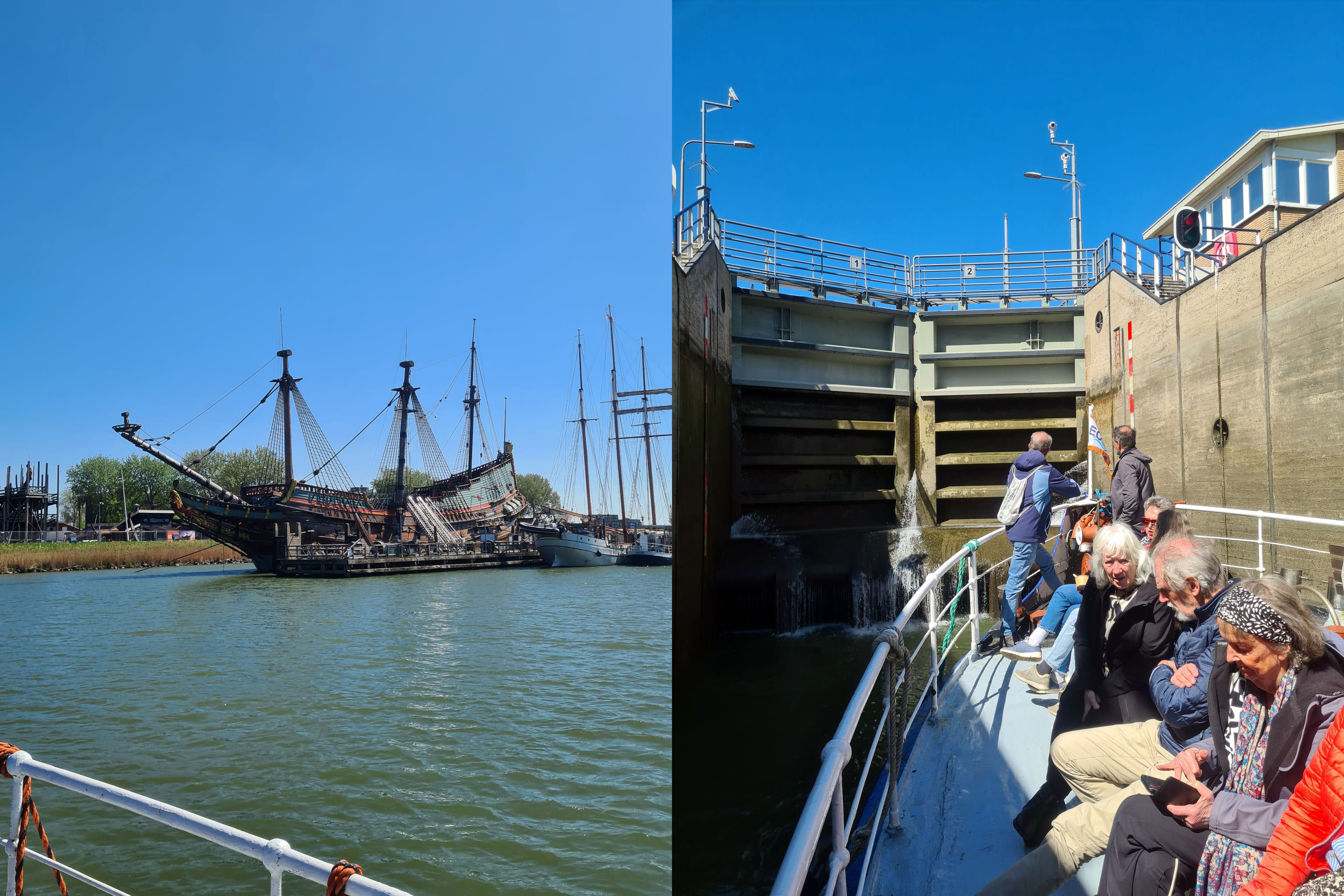 De excursie ging ook met een bootje langs de replica van het VOC-schipt De Batavia